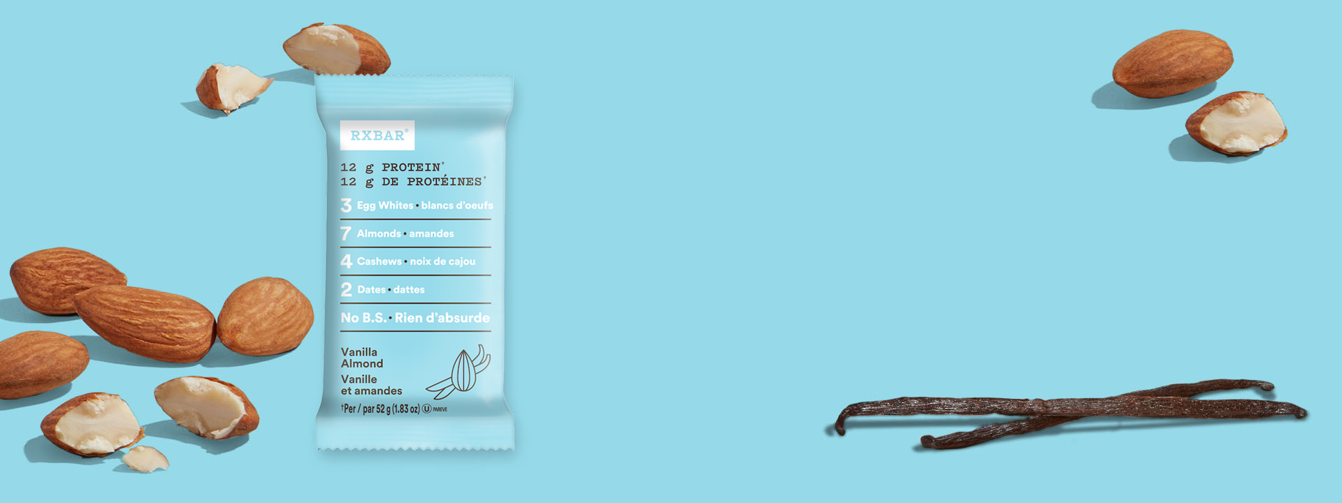 Vanilla Almond RX Bar surrounded by almonds and vanilla beans