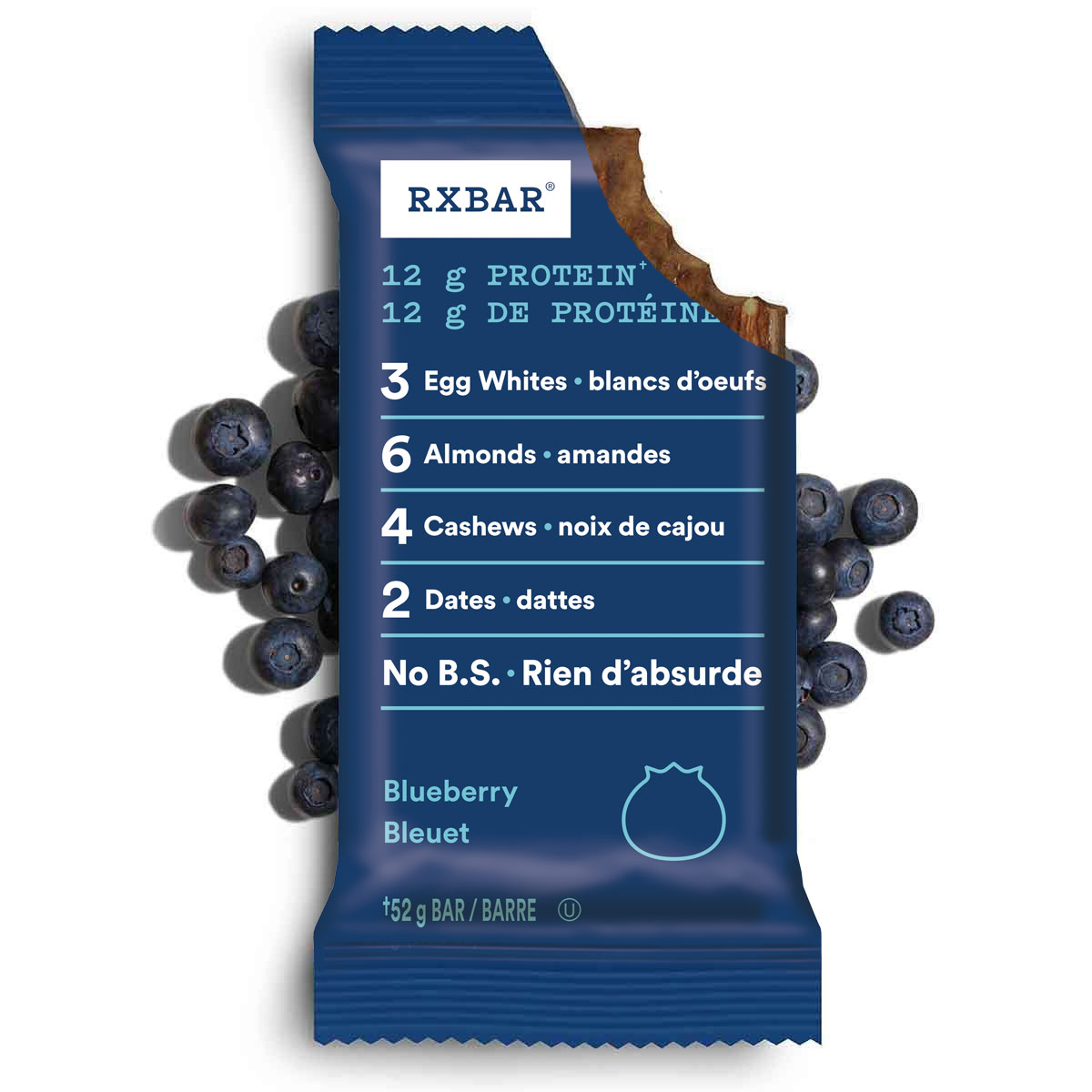 Blueberry RXBAR with bite taken out.