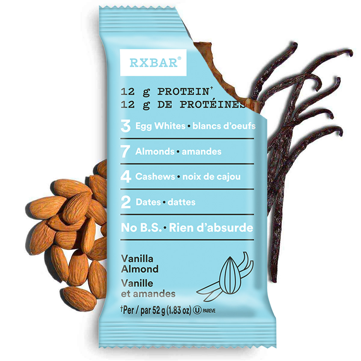 Vanilla Almond RX Bar packaging with almonds and vanilla beans